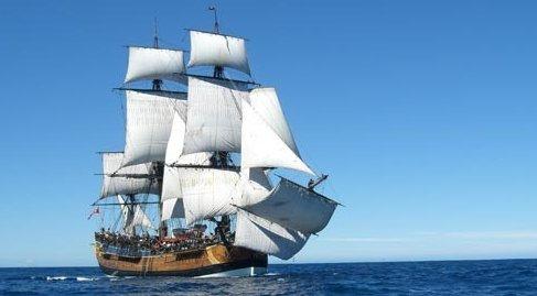 The Australian built full size replica of Cook’s Endeavour at sea.