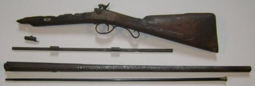 Showing years of neglect - Original 19c muzzle loader, stock with lock, rib with thimbles, barrel & ramrod.